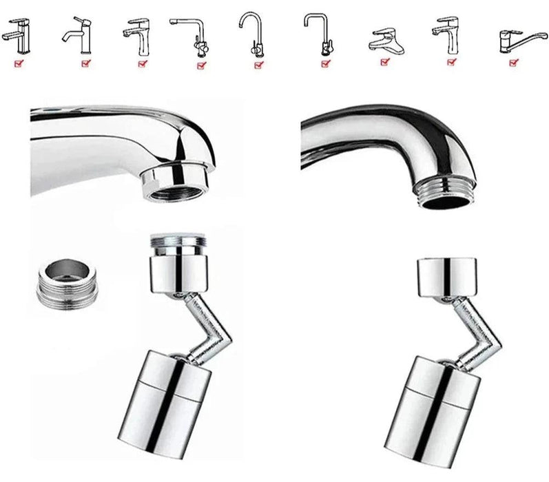 Illustration showing the installation process of a faucet sprayer attachment on different types of faucets.