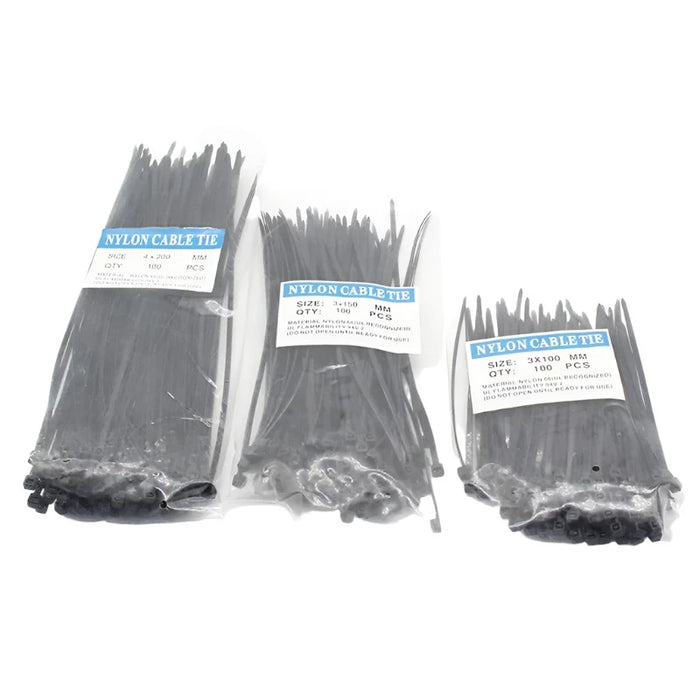 A set of black nylon cable ties in plastic packaging, including three packs labeled with quantities of 100 pieces for each.