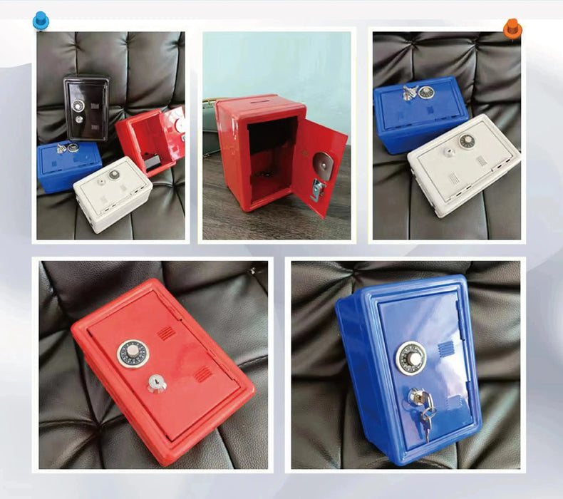 A collage of different metal safes in various colors (black, red, blue, and gray) displayed on a black leather surface. Some safes have their doors open, showing the interiors.