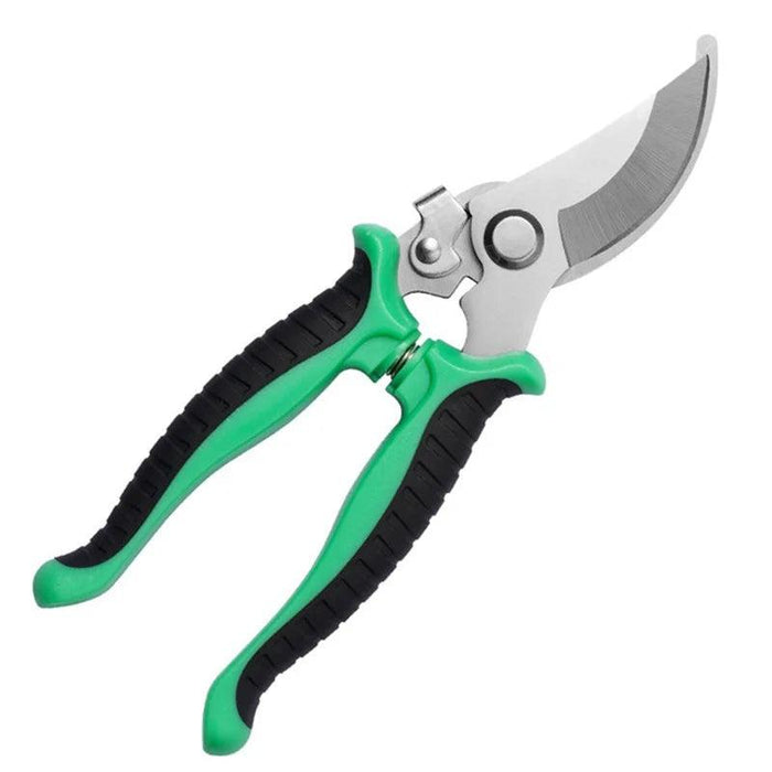 A pair of pruning shears with green and black ergonomic handles. The blades are made of stainless steel.