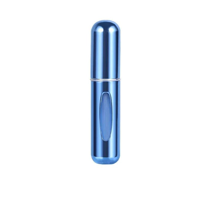 A metallic blue portable perfume spray bottle with a transparent window.