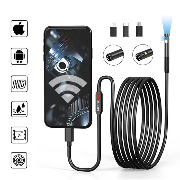 The endoscope connected to a smartphone, displaying a high-definition image on the screen. The image also highlights its compatibility with both Apple and Android devices, and various icons indicating features like HD, waterproof, and video recording.