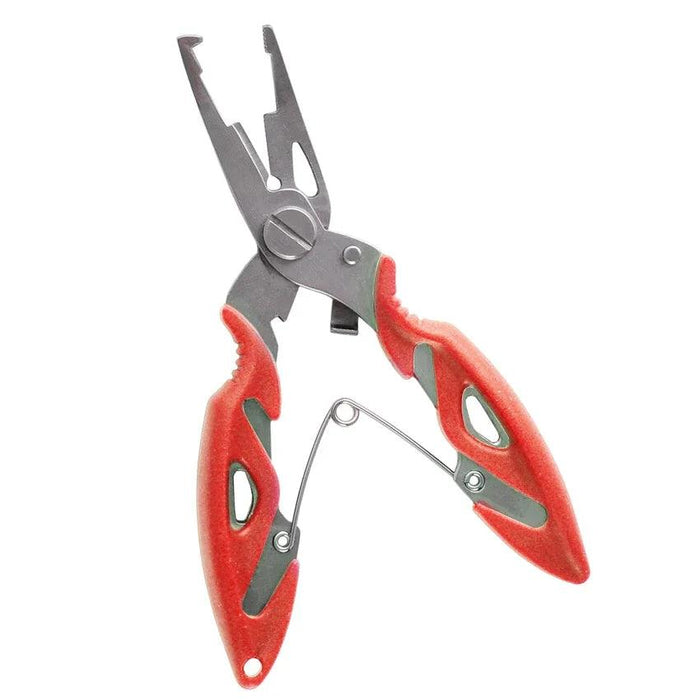 A pair of fishing pliers with red handles, featuring a multi-functional design including a line cutter and split ring opener.