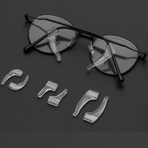 Transparent silicone temple tips for glasses, designed to prevent slipping and enhance comfort.
The Transparent silicone temple tips shown on the glasses.