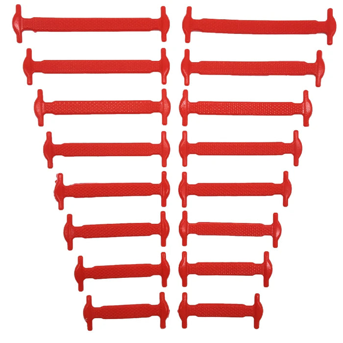 Sixteen silicone shoelaces in different sizes and red color, neatly organized in pairs on a white background.