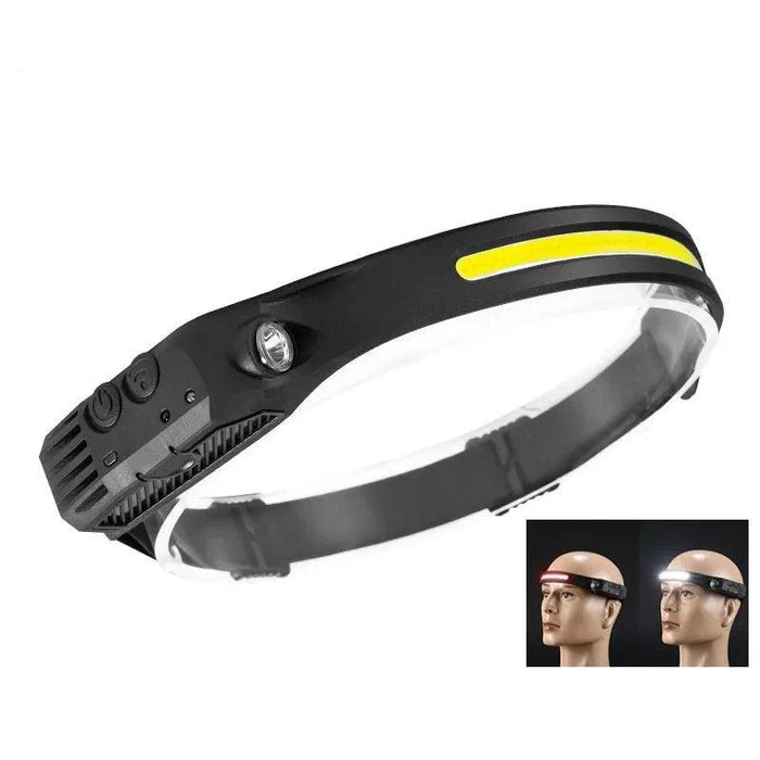 black headlamp with the yellow LED strip. In the bottom right corner, there are two smaller images demonstrating the headlamp worn by a mannequin, highlighting how it looks when in use.