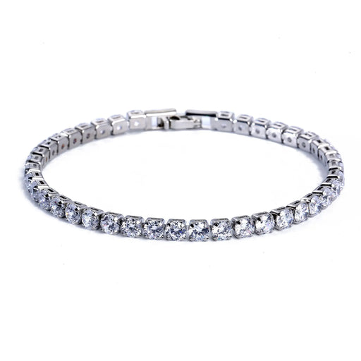 Silver tennis bracelet with clear stones on a white background.