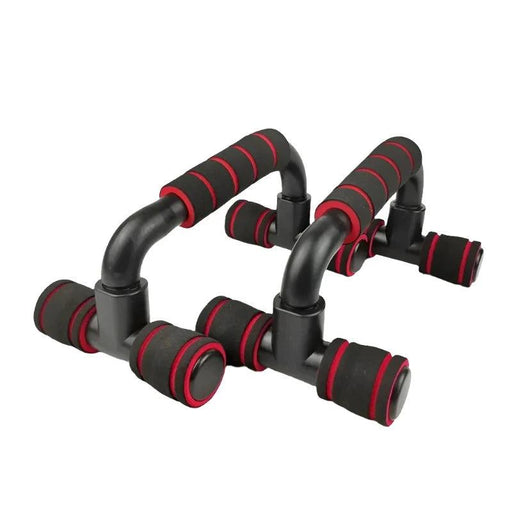 Two assembled black push-up bars with red and black foam grips.