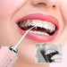 A close-up of a person with braces using a water flosser to clean their teeth, with an inset image showing traditional flossing.