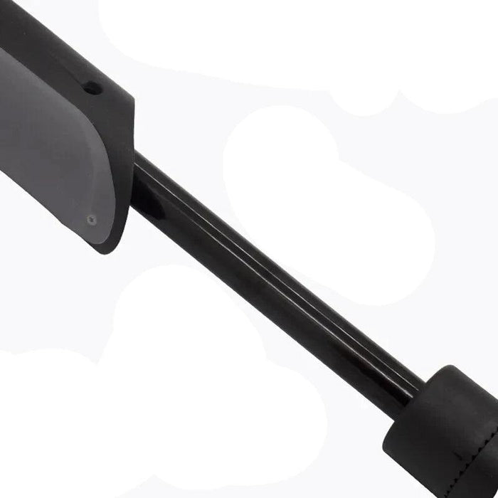 A close-up of the extended nozzle of the mini bike pump, showing its sleek, black design against a plain background, emphasizing its telescopic action.