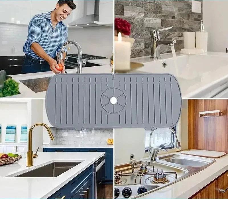 a gray silicone splash guard placed on various sink setups, including kitchen and bathroom sinks. It highlights the versatility of the mat in different settings.