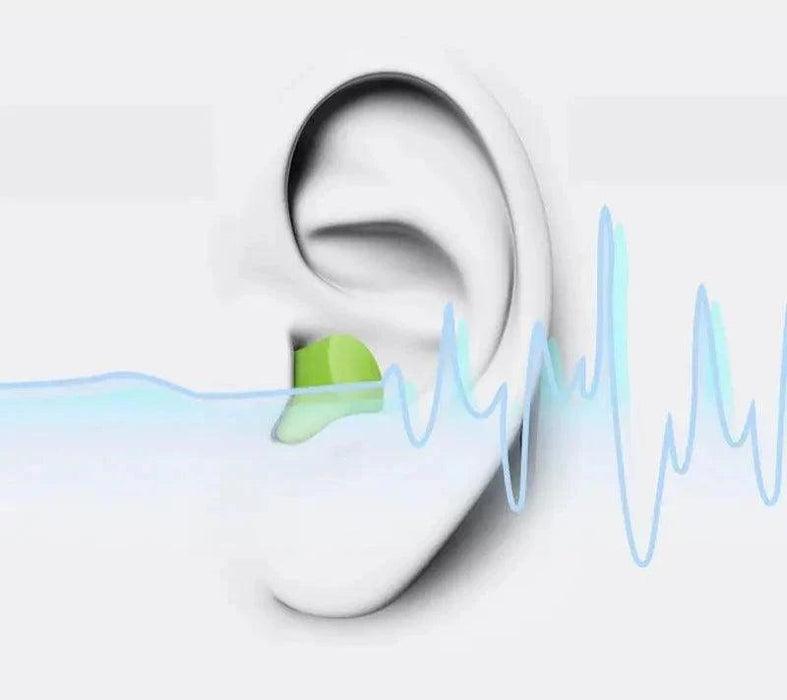 A green earplug inside an ear with sound waves indicating noise reduction.