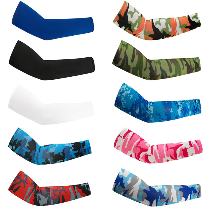 a collection of arm sleeves in different colors and patterns, including camouflage and abstract designs, all presented against a clean white background to emphasize their designs and colors.