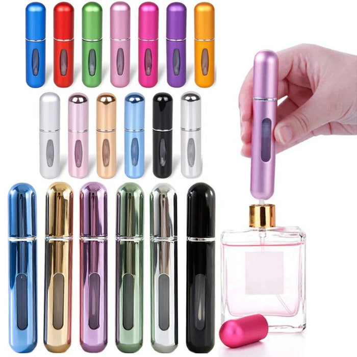 A collection of portable perfume spray bottles in multiple colors (metallic blue, gold, purple, green, black, and more) with one being filled from a larger perfume bottle.