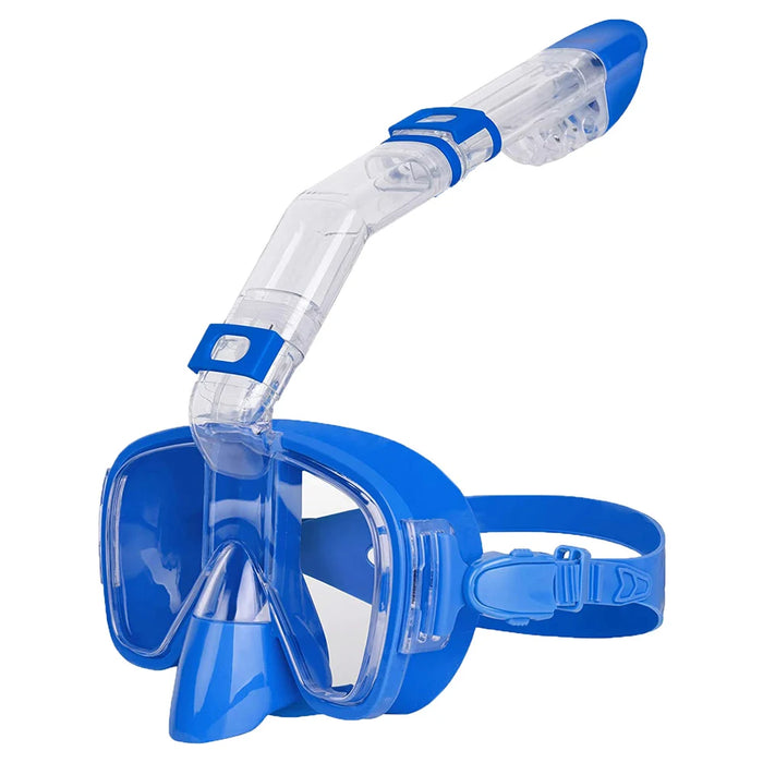 A blue snorkeling mask with an attached snorkel, similar in design to the first one, is featured. The snorkel is clear with black accents and has a valve at the top to keep water out.