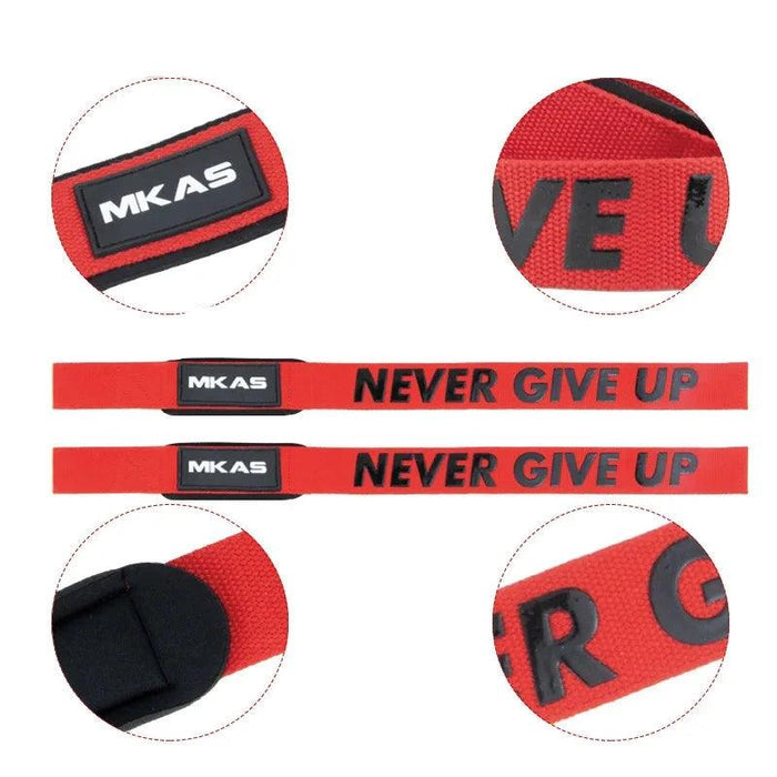  Two red lifting straps with the text "NEVER GIVE UP" in black, shown with close-up circular insets highlighting the "MKAS" logo and the fabric texture.