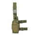 An olive green tactical thigh holster with buckles and adjustable straps, displayed upright.