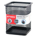 Square black mesh pen holder with packaging label, showing its dimensions and features.