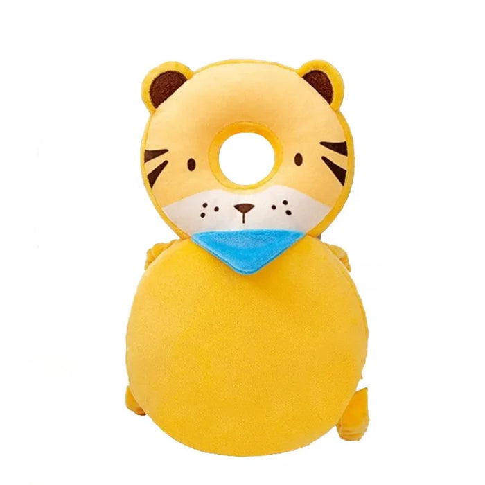  A bright yellow tiger-shaped baby head protector with a blue bib design and a circular headrest.