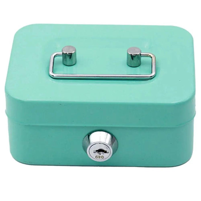 A small turquoise lockbox with a metal handle on top and a keyhole on the front, viewed from the front.