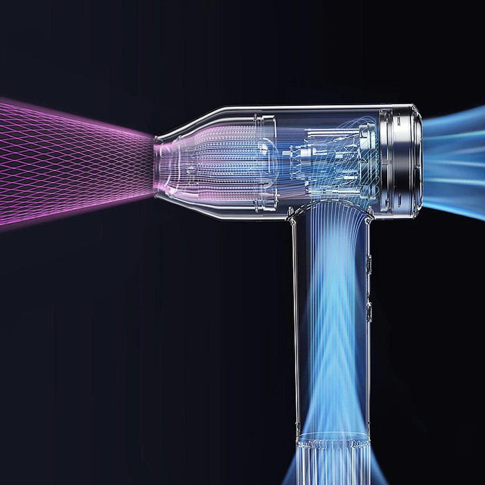 A detailed diagram of a blower showing the internal mechanisms and airflow. The image highlights the components and airflow paths with blue and purple lines indicating direction.