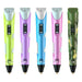 Five 3D pens in different colors (green, purple, blue, pink, and camouflage) lined up vertically, showing their controls and design.