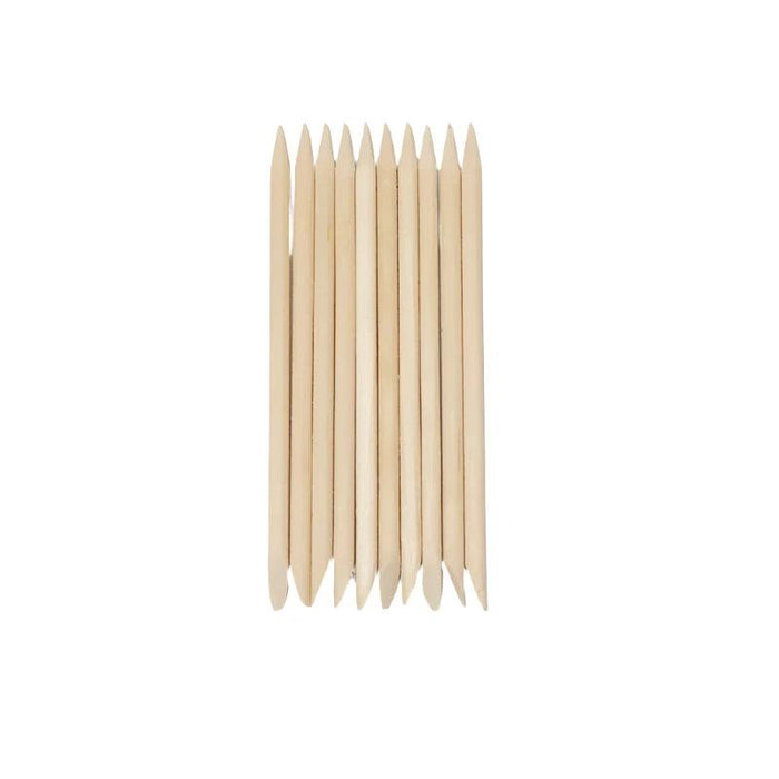 10 pieces of orange wood nail sticks display on white background.