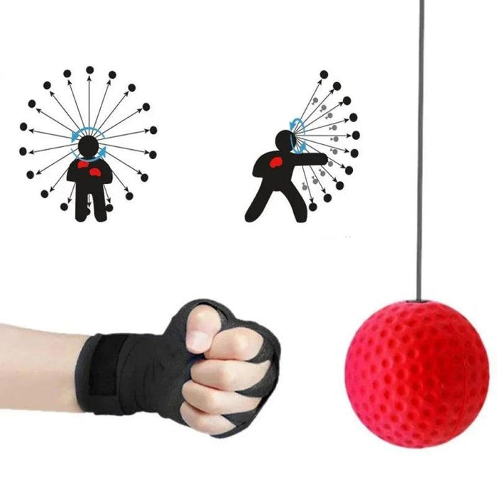 A diagram illustrating different punching directions using a boxing reflex ball, with a close-up of a hand wearing a glove and striking a red ball.