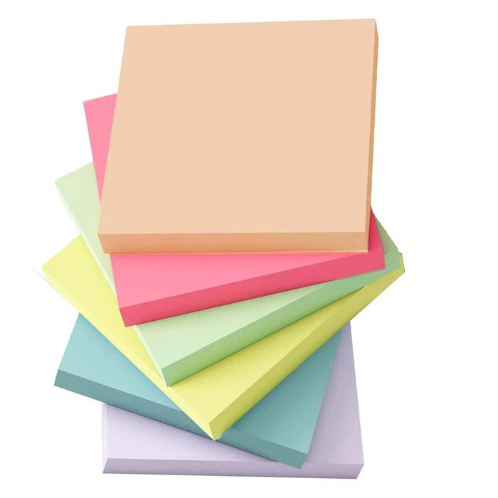 Assorted pastel-colored adhesive note pads stacked in a layered format, with each layer showing a different hue on a white background. 