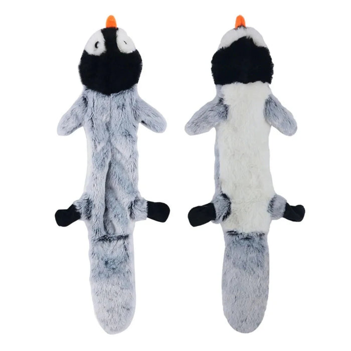 A plush dog toy resembling a penguin with a furry tail, shown from the front and the back.