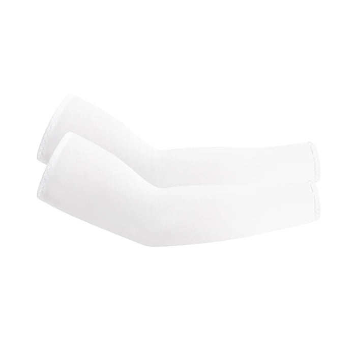 Plain white arm sleeves for sun protection and sports wear. Display on white background.