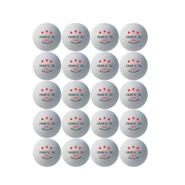 Twenty white Huieson G40+ table tennis balls arranged in a grid, each with three red stars and "Made in China" text.