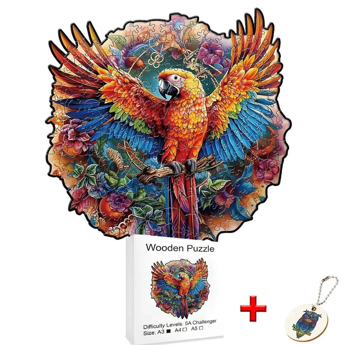 A colorful, detailed wooden puzzle of a parrot, accompanied by an A4 size box and a keychain.