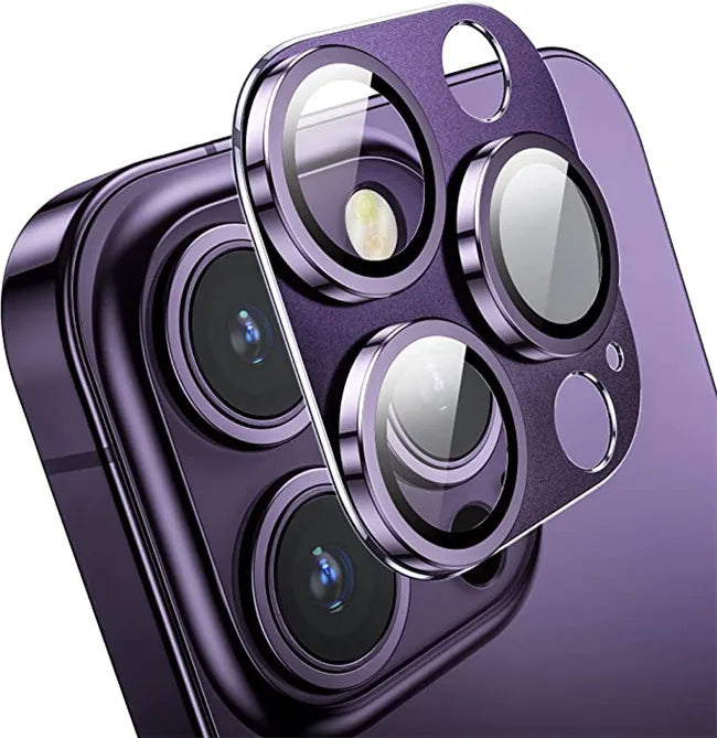 Close-up of a purple camera lens protector on an iPhone.