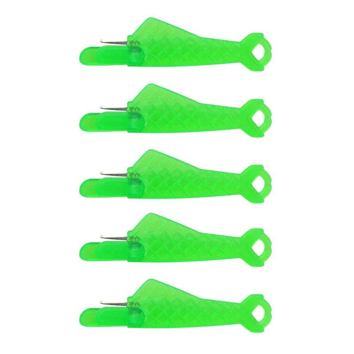 five Fish Mouth Sewing Machine Needle Threaders in green.