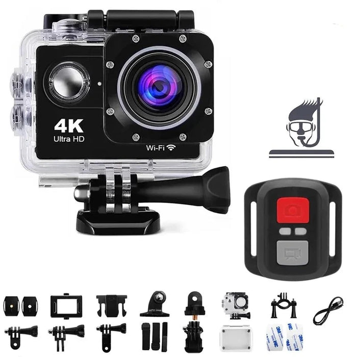 A black 4K Ultra HD action camera with a remote control and a comprehensive set of accessories, including mounts and waterproof casing, displayed for use in various outdoor activities.