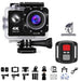 A black 4K Ultra HD action camera with a remote control and a comprehensive set of accessories, including mounts and waterproof casing, displayed for use in various outdoor activities.