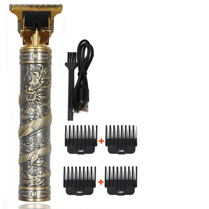 a gold and silver hair trimmer with intricate dragon engravings. The set includes a USB charging cable, a cleaning brush, and six clipper guards of different sizes.