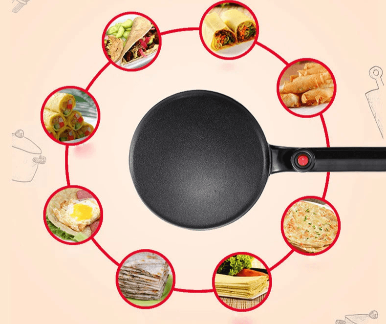 A black electric crepe maker surrounded by images of various dishes like wraps, spring rolls, and crepes, illustrating its versatility.