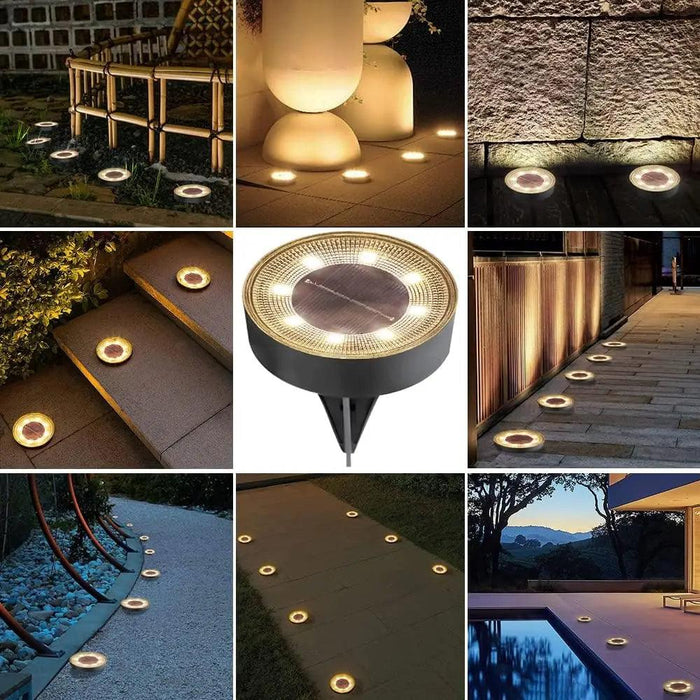 A collage of various scenes featuring solar garden lights in different outdoor settings, including pathways, garden steps, and around trees, demonstrating their versatility and effective lighting.