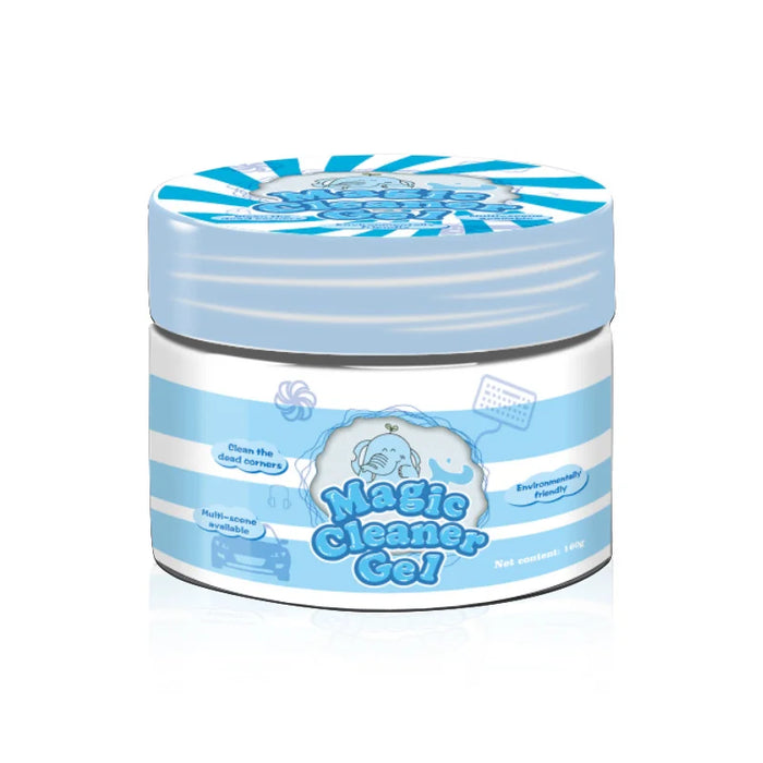 A container of "Magic Cleaner Gel" with a blue and white striped design.