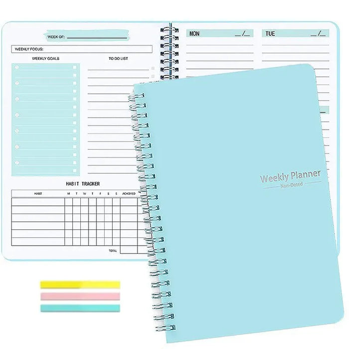 A blue spiral-bound weekly planner with the cover text "Weekly Planner Non-Dated" in gold. The planner is open to show the layout for a weekly schedule and to-do list. Colorful sticky notes are also included in the image.