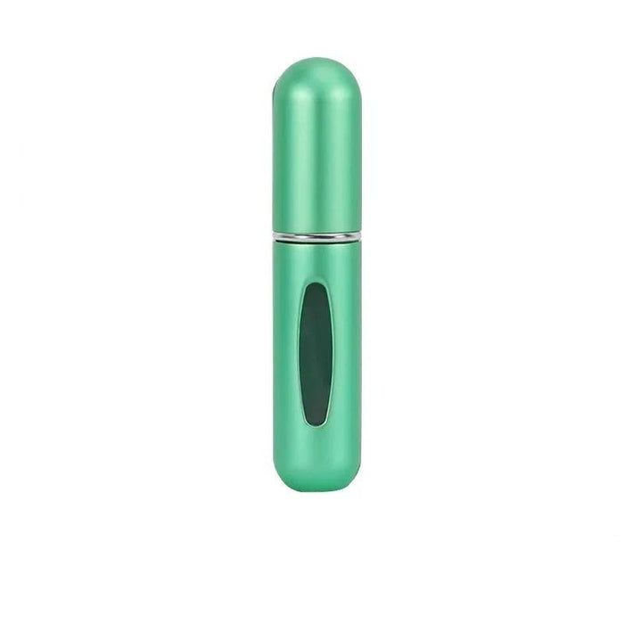 A green-colored portable perfume spray bottle with a transparent window to view the contents.