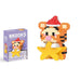 A single block-style toy figure of orange tiger, along with its purple packaging box. Display on white background.