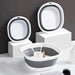 A set of three collapsible wash basins in different sizes, displayed on white stands.