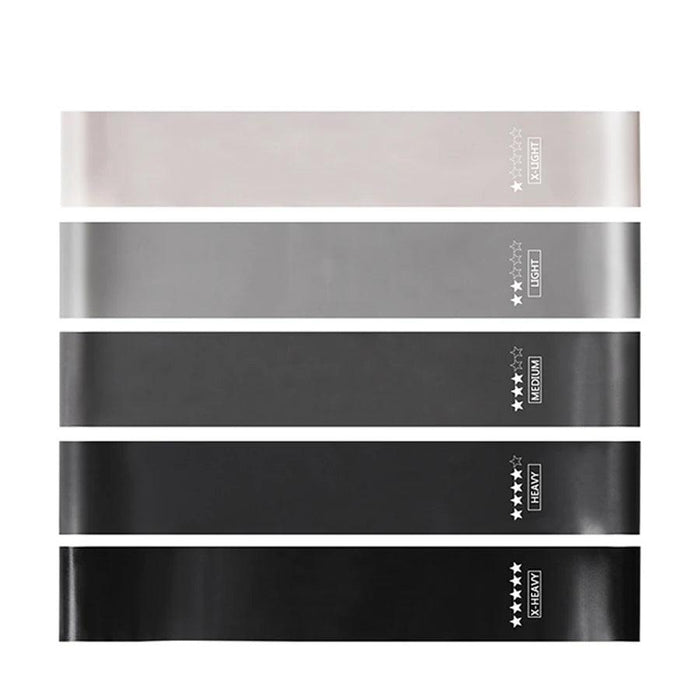 Five resistance bands of varying shades of black and grey, labeled from "X-Light" to "X-Heavy."