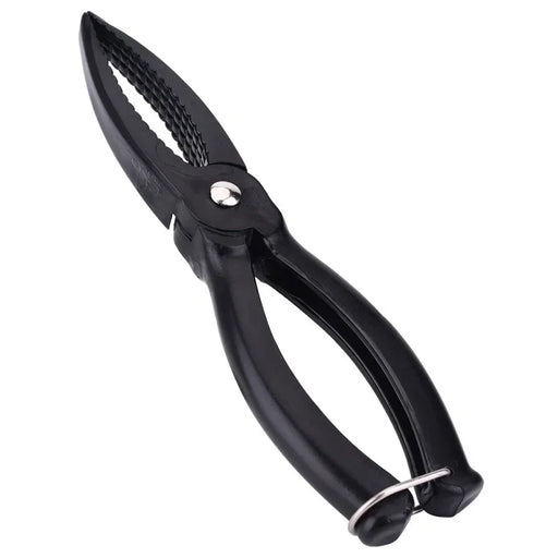 A black fishing gripper with serrated jaws.