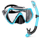 A sky blue snorkeling mask with an attached snorkel displayed on white background.