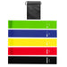 A set of five resistance bands in vibrant colors: green, blue, yellow, red, and black. The bands are labeled from top to bottom: "X-LIGHT," "LIGHT," "MEDIUM," "HEAVY," and "X-HEAVY," with small circular icons indicating the resistance level. A black drawstring pouch is also included.