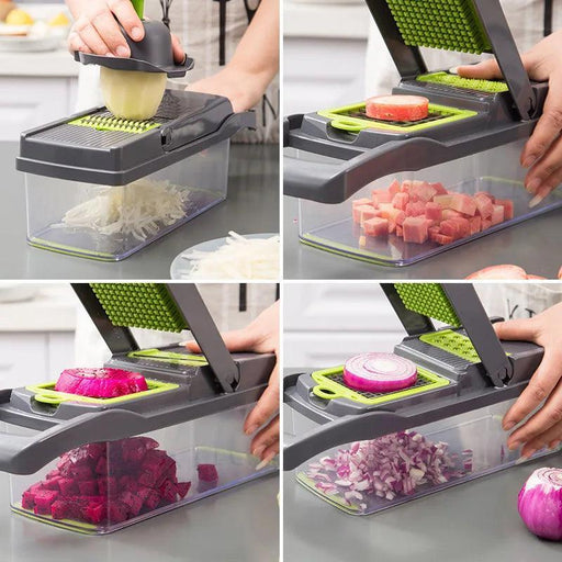 Collage demonstrating the use of a multifunctional vegetable chopper. Features the device slicing and dicing various vegetables including onions, beetroots, and potatoes, showcasing the ease and versatility of the chopper in a kitchen setting.